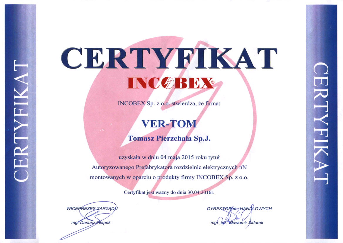 certyfikat incobex na stronke 1 - CERTYFIKAT